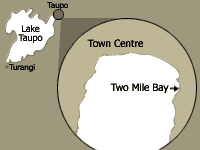 Map showing position of Two Mile Bay in Taupo